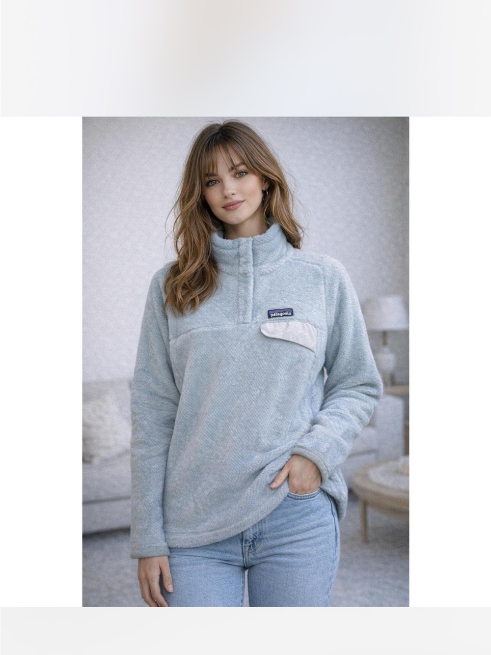 Patagonia Women's Re-Tool Snap-T Pullover in a light blue color size L